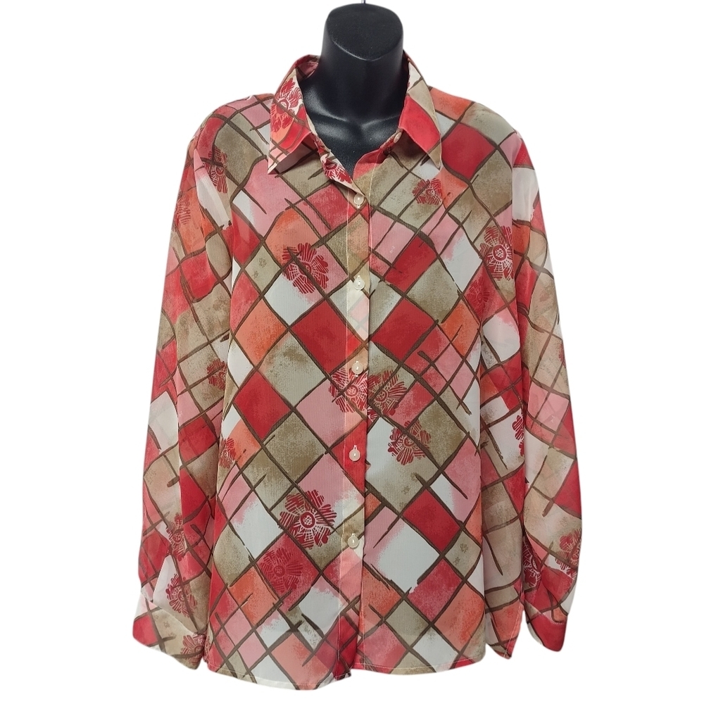 Alfred Dunner Size 14 Red Pink Geometric Diamond Print Blouse Long Sleeve Sheer